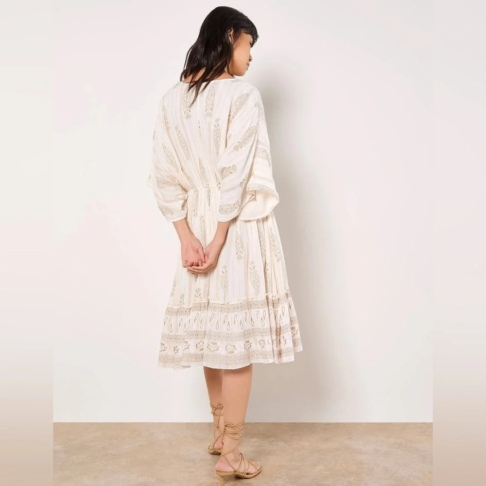 APRICOT 🍑- Boho V-Neck Embroidered Midi Dress in Cream - Picture 3 of 5